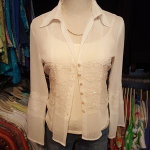 DRESS-U ♡ Vintage Elegant Sheer Flare Ornate Embellished Beaded Lacy Blouse S